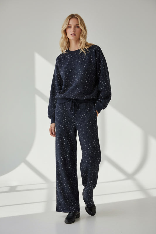 Taş Detaylı 3 İplik Bisiklet Yaka Kadın Takım Sweat & Bol Paça Eşofman Takımı