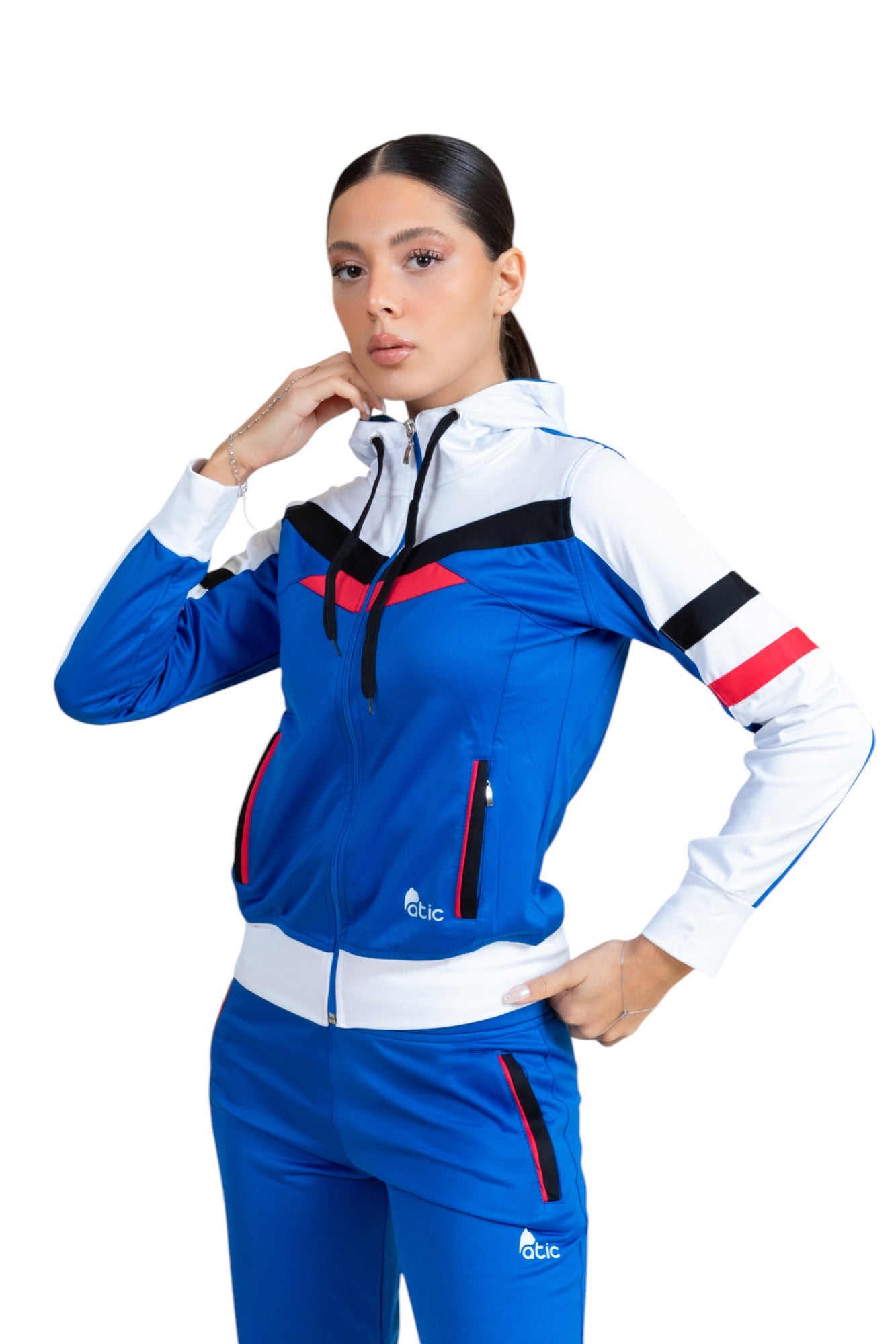 Atic Cep Fermuarlı Yakalı Parçalı Rahat Paça Dalgıç Kumaş Esnek Kumaş Bayan Eşofman Takımı