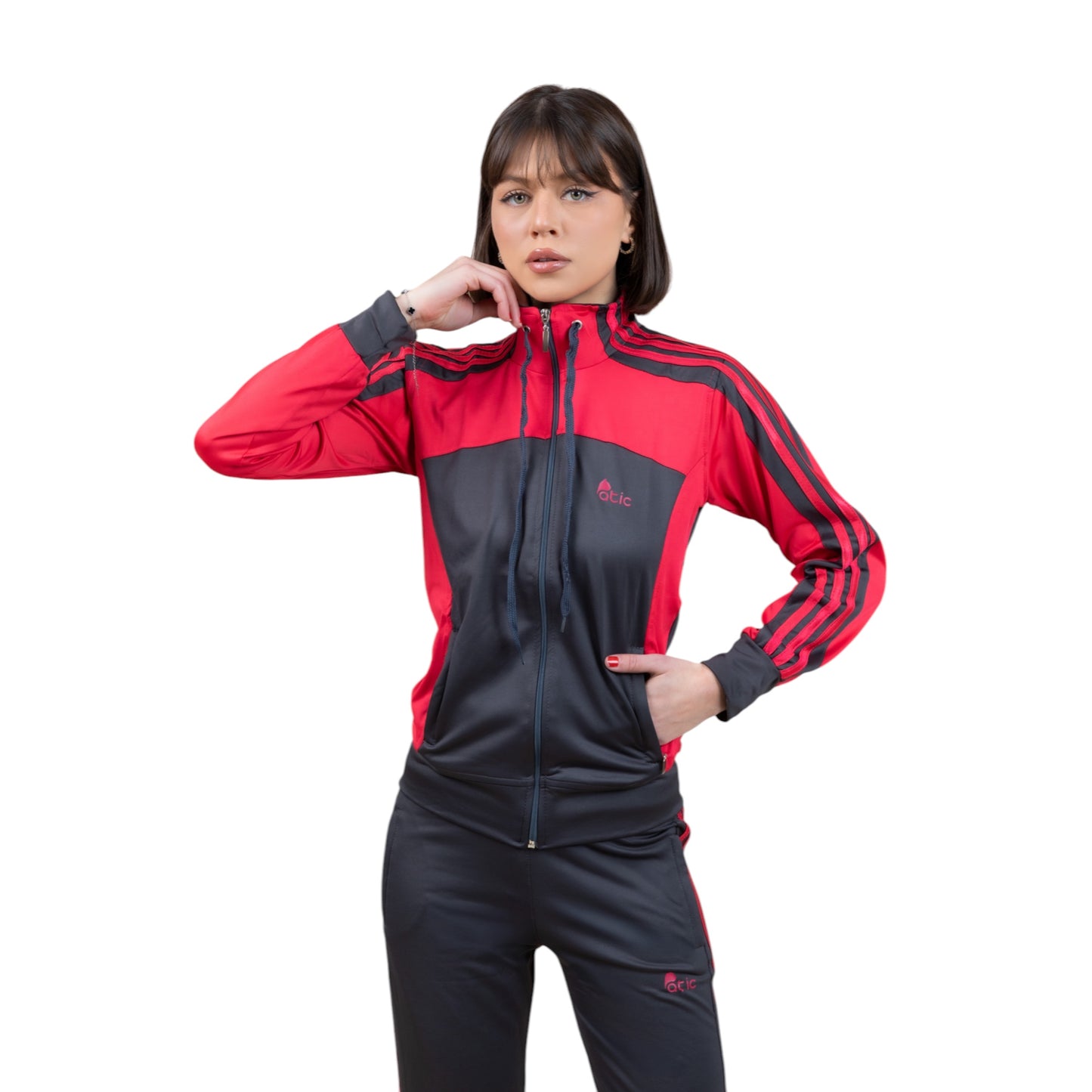 Atic Cep Fermuarlı Yakalı Düz Rahat Paça Ful Şeritli Dalgıç Kumaş Esnek Kumaş Bayan Eşofman Takımı