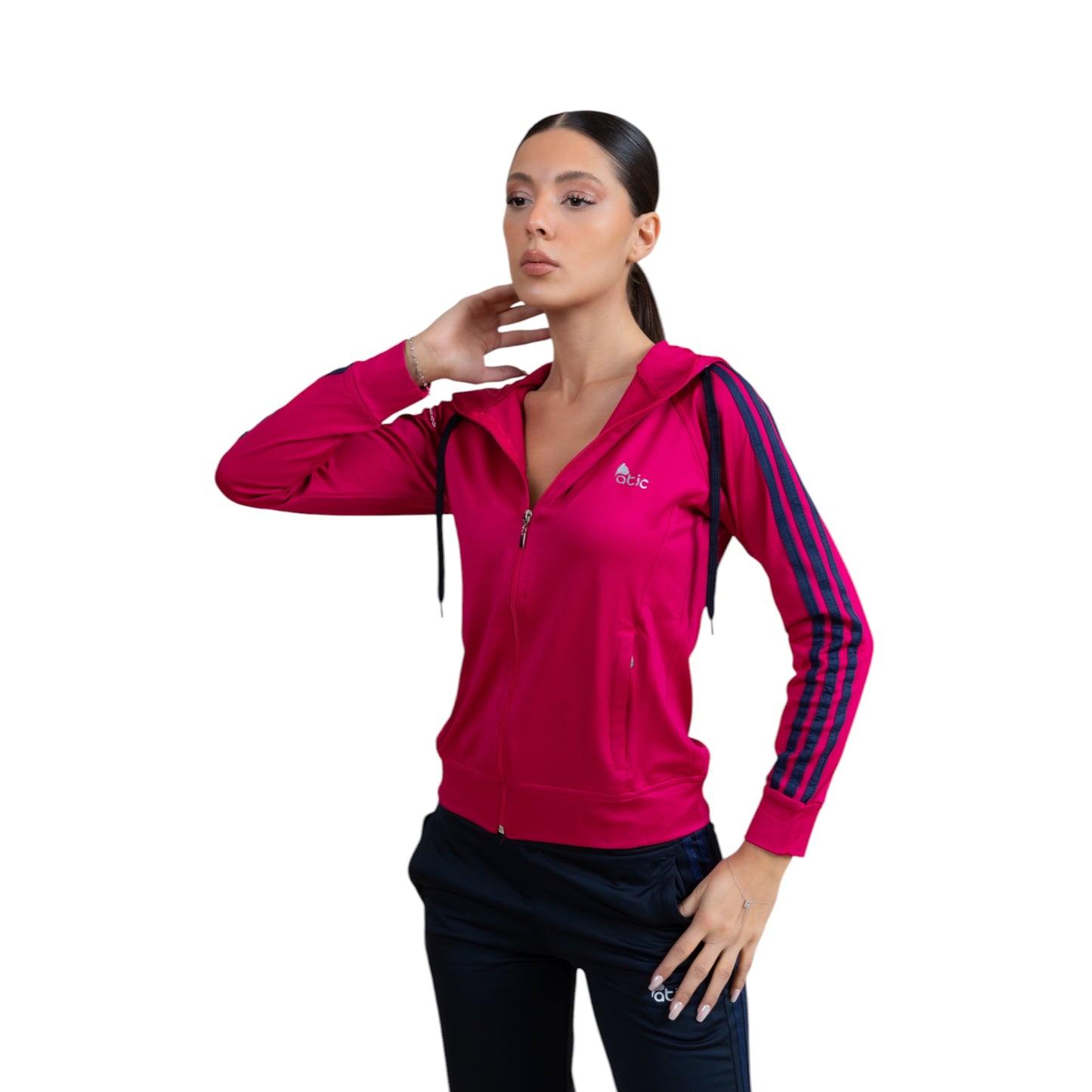 Atic Cep Fermuarlı Yakalı Çizgili Rahat Paça Dalgıç Kumaş Esnek Kumaş Bayan Eşofman Takımı