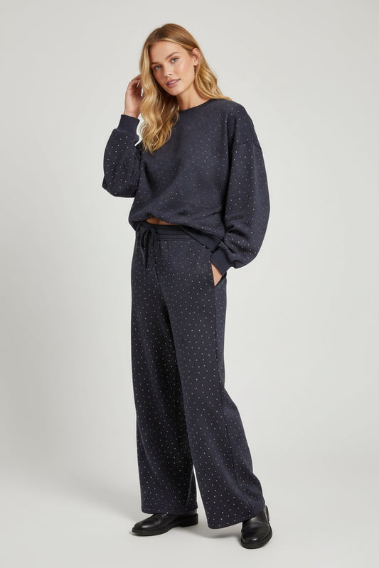 Taş Detaylı 3 İplik Bisiklet Yaka Kadın Takım Sweat & Bol Paça Eşofman Takımı