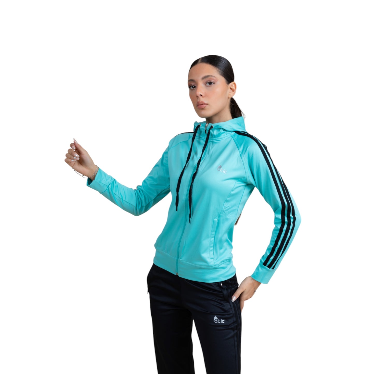 Atic Cep Fermuarlı Yakalı Çizgili Rahat Paça Dalgıç Kumaş Esnek Kumaş Bayan Eşofman Takımı