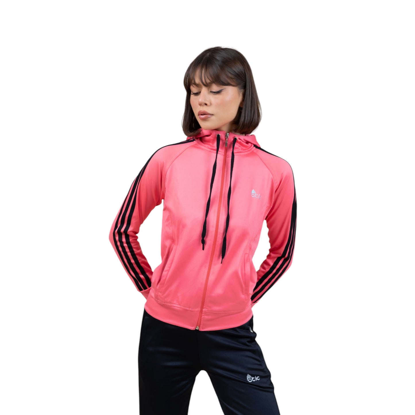 Atic Cep Fermuarlı Yakalı Çizgili Rahat Paça Dalgıç Kumaş Esnek Kumaş Bayan Eşofman Takımı