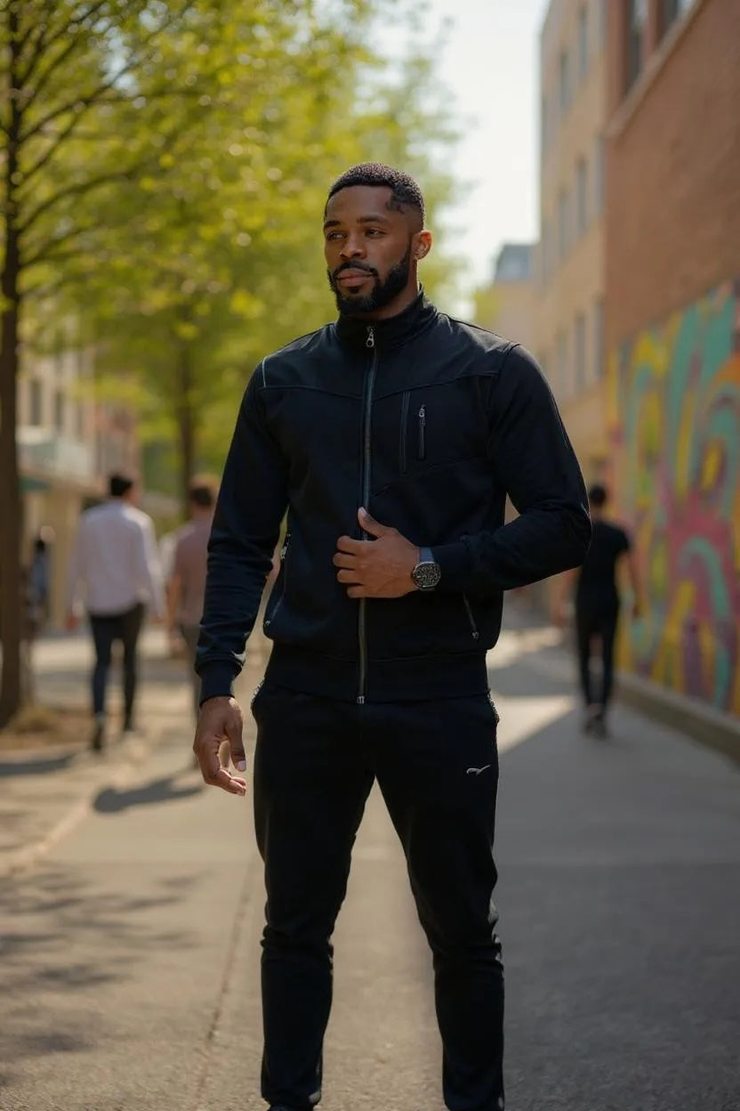 Erkek Likralı Compact Penye Eşofman Takımı – Dik Yaka, Fermuarlı, Kapüşonsuz