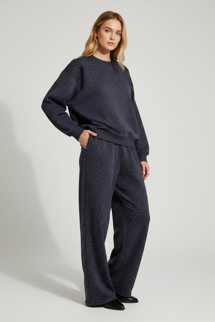 Taş Detaylı 3 İplik Bisiklet Yaka Sweat & Bol Paça Eşofman Takımı – Lacivert