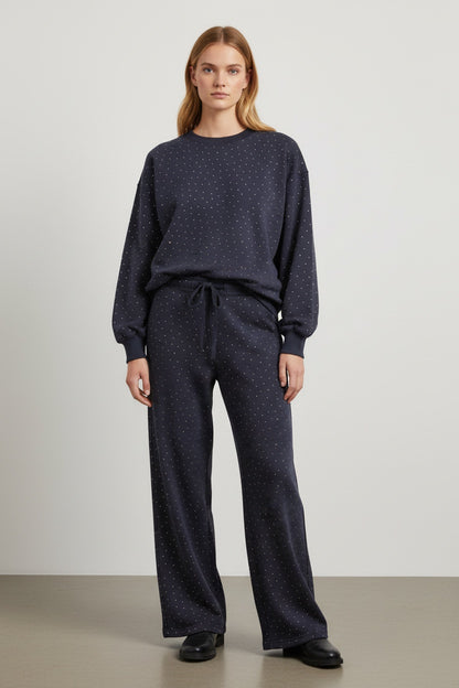 Taş Detaylı 3 İplik Bisiklet Yaka Sweat & Bol Paça Eşofman Takımı – Lacivert